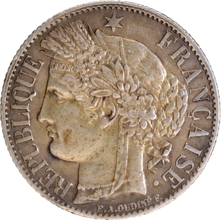 Silver One Francs Coin of Third Republic of France of 1872.