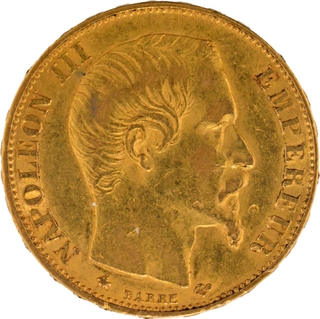 Gold Twenty Francs Coin of Napoleon III of 1860 of France.