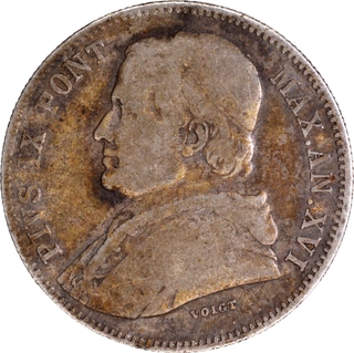 Silver Twenty Baiocchi Coin of Pius IX of Italy of 1862.