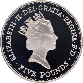 Proof Silver Five Pounds Coin of 90th Birthday Anniversary of Queen Elizabeth II of United Kingdom of 1990.