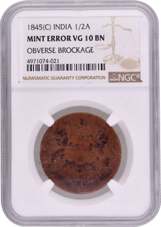 Extremely Rare Lakhi Brockage Error Copper Half Anna Coin of East India Company of Calcutta Mint of 1845.