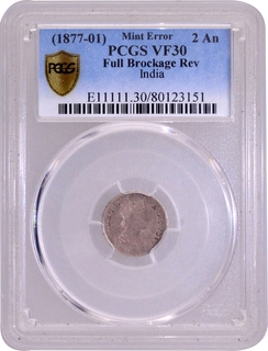 Error Lakhi Brockage PCGS VF 30 Graded Silver Two Annas Coin of Victoria Empress.