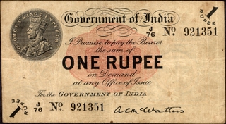 One Rupee Banknote of King George V Signed by A C McWatters of Universalised Circle of the year 1917.