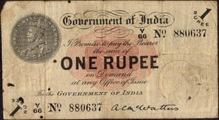 One Rupee Banknote of King George V Signed by A C McWatters of 1917 of Universalised Circle.