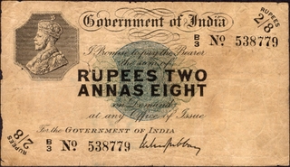 Two Rupees and Eight Annas Banknote of King George V Signed by M.M.S. Gubbay of Bombay Circle of 1918.