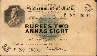 Two Rupees and Eight Annas Banknote of King George V Signed by M M S Gubbay of Bombay Circle of 1918.