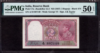 PMG Graded 50 About Uncirculated Exceptional Paper Quality Two Rupees Banknote of King George VI Signed by J B Taylor of 1943.