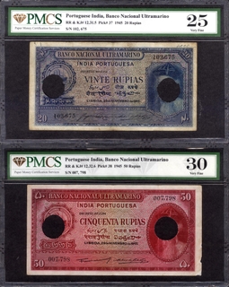 Cancelled Vinte (Twenty) Rupias & Cinquent (Fifty) Rupia Banknotes of Banco Nacional Ultramarino of Portuguese India (Goa) of 1945.