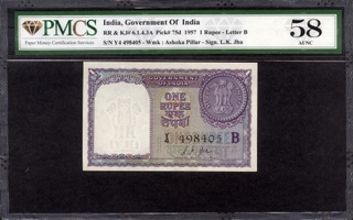 PMCS Graded 58 AUNC One Rupee Banknote Signed by L K Jha of Republic India of 1957.