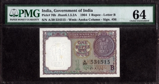 PMG Graded 64 Choice Uncirculated One Rupee Banknote Signed by S Bhoothalingam of Republic India of 1964.