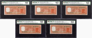 Five PMCS Graded 66 & 65 Gem UNC Twenty Rupees Banknotes Signed by S Jagannathan of Republic India of 1972.