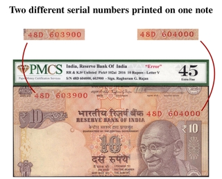 Incorrectly Positioned Sheet Cutting Error Ten Rupees Banknote Signed by Raghuram G Rajan of Republic India of 2016.