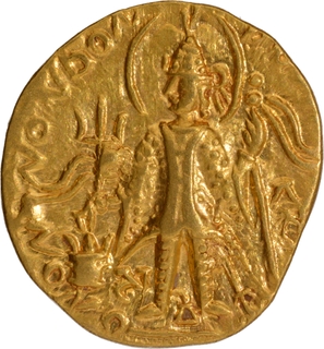 Very Rare Gold Dinar of Vasudeva II of Kushan Dynasty of Ardokhsho type of Gandhara Mint.