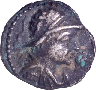 Silver Obol Coin of Eucratides I of Indo Greeks with Hercules standing on the reverse.