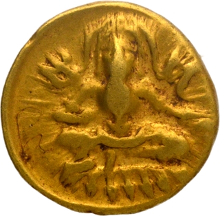 Large flan Gold Half Varaha Coin of Krishnadevaraya of Vijayanagar Empire of Seated Balakrishana.