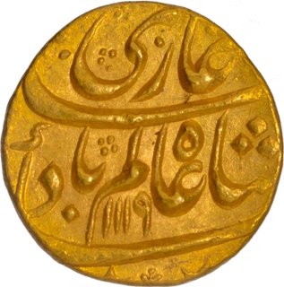 Shah Alam Bahadur Lahore Dar ul Sultana Mint Gold Mohur with Hijri year 1119 and Ahad RY in UNC condition.