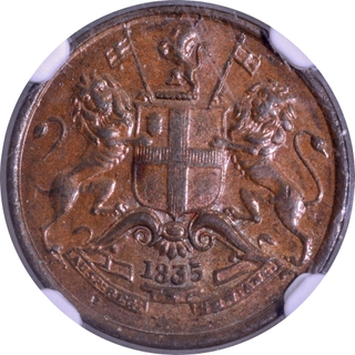 Scarce NGC AU 58 BN Graded Copper One Twelfth Anna Coin of East India Company of Madras Mint of 1835.