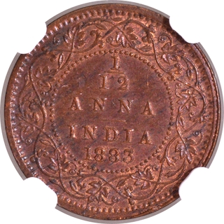 Scarce NGC AU 58 BN Graded Copper One Twelfth Anna Coin of Victoria Empress of Bombay Mint of 1883.