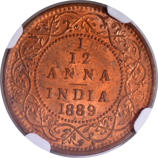 Scarce NGC MS 63 RB Graded Copper One Twelfth Anna Coin of Victoria Empress of Bombay Mint of 1889.