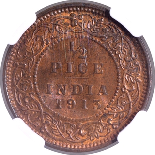 Extremely Rare Top Pop 1913 Rare NGC MS 64 BN Graded Bronze Half Pice Coin of King George V of Calcutta Mint.