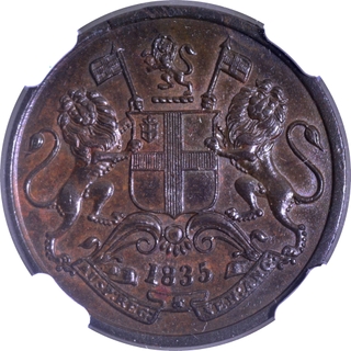 Rare NGC MS 62 BN Graded Copper One Quarter Anna Coin of 1835 of East India Company of Madras Mint.