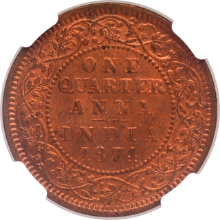 Rare NGC MS 64 RB Graded Copper One Quarter Anna Coin of Victoria Queen of Calcutta Mint of 1874.