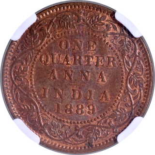 Rare NGC MS 62 RB Graded Copper One Quarter Anna Coin of Victoria Empress of Bombay Mint of 1889.