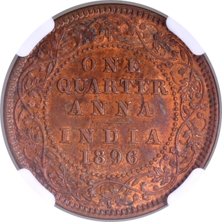 Rare NGC MS 62 BN Graded Copper One Quarter Anna Coin of Victoria Empress of Calctta Mint of 1896.