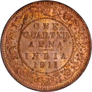 Very Rare Date of 1911 of King George V of Bronze One Quarter Anna Coin of Calcutta Mint with Uncirculated Condition.