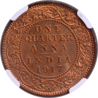 Very Rare NGC MS 66 RD Graded Top Pop 1917 King George V Bronze One Quarter Anna Coin of Calcutta Mint.