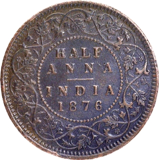 Very Rare 1876 Victoria Queen Copper Half Anna Coin of Calcutta Mint.