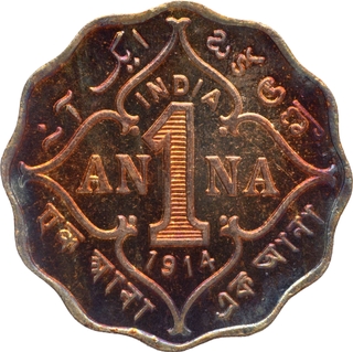 King George V 1914 Cupro Nickel One Anna Coin of Bombay Mint with Multi Colour Toning.