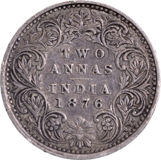 Rare 1876 Silver Two Annas Coin of Victoria Queen of Bombay Mint.