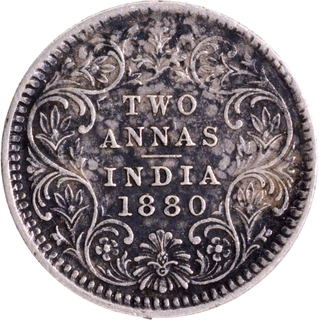 Rare Date of 1880 Silver Two Annas Coin of Victoria Empress of Calcutta Mint.