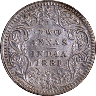 Very Rare Victoria Empress Silver Two Annas Coin of 1881 of Bombay Mint with Ghost Image.