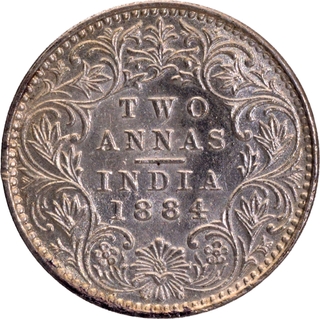 Extremely Rare Silver 1884 Two Annas Coin of Victoria Empress of Bombay Mint with Ghost Image.