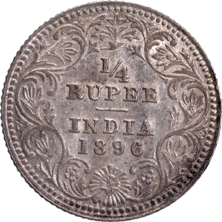 Calcutta Mint of C Incused Silver Quarter Rupee Coin of Victoria Empress of 1896.