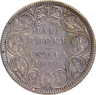 Victoria Queen of 1874 of Silver Half Rupee Coin of Bombay MInt.