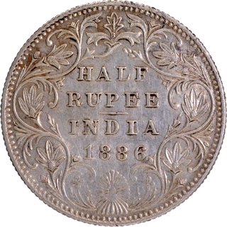 Scarce B Raised Silver Half Rupee Coin of Victoria Empress of Bombay Mint of 1886.