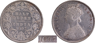 Very Rare 1897 (7 over 6) Silver Half Rupee Coin of Victoria Empress of Bombay Mint.