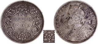 Extremely Rare 1865 (Actul Minitng year) Silver One Rupee Coin of Victoria Queen of Bombay MInt of 1862 without initial J.