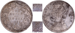 Extremely Rare Silver One Rupee Coin of Victoria Queen of Bombay Mint of 1862.