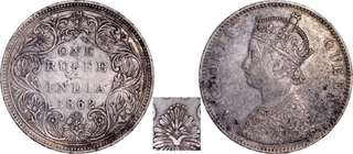 Very Rare Silver One Rupee Coin of Victoria Queen of Bombay Mint of 1862.