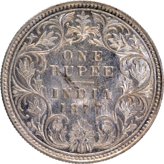 Scarce Silver One Rupee Coin of Victoria Empress of Bombay Mint of 1877.