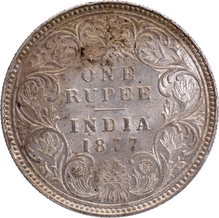 Scarce Silver One Rupee Coin of Victoria Empress of Bombay Mint of 1877 with Ghost Image.