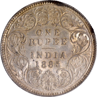 Uncirculated Silver One Rupee 1885 Coin of Victoria Empress of Calcutta Mint with Toning.