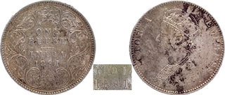 Scarce 1891 Silver One Rupee Coin of Victoria Empress of Bombay Mint of 90 seen behind the last numeral 91.