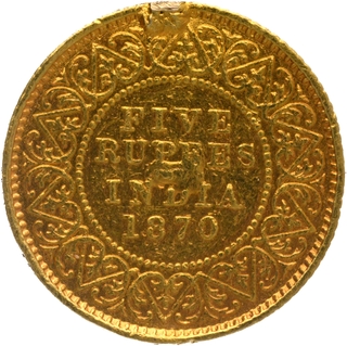 Extremely Rare Gold Five Rupees Coin of Victoria Queen of Calcutta Mint of 1870.