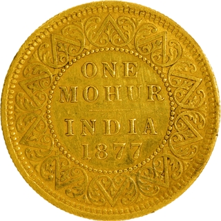 Gold One Mohur Coin of Victoria Empress of Calcutta Mint of 1877.