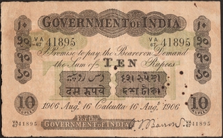 Extremely Rare Uniface Ten Rupees Banknote of King Edward VII Signed by O T Barrow of 1906 of Calcutta Circle.